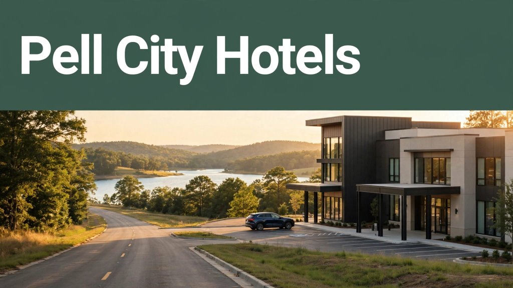 A modern hotel beside a road with a parked car and lake in the background.