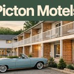 A renovated motel with greenery, a vintage car, and a Picton Motels headline.