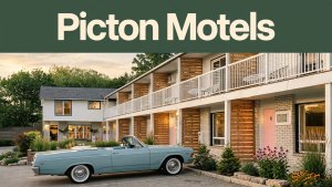 A renovated motel with greenery, a vintage car, and a Picton Motels headline.