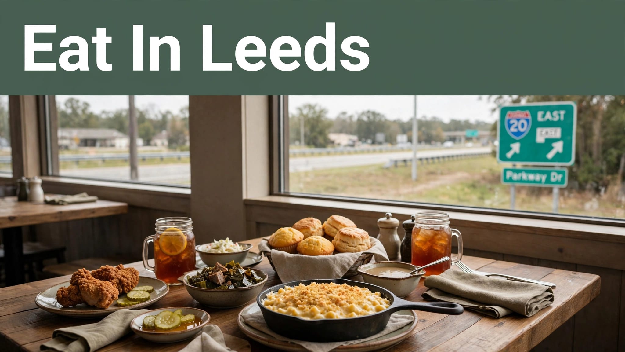 Southern food on a restaurant table with Parkway Drive visible through the window.