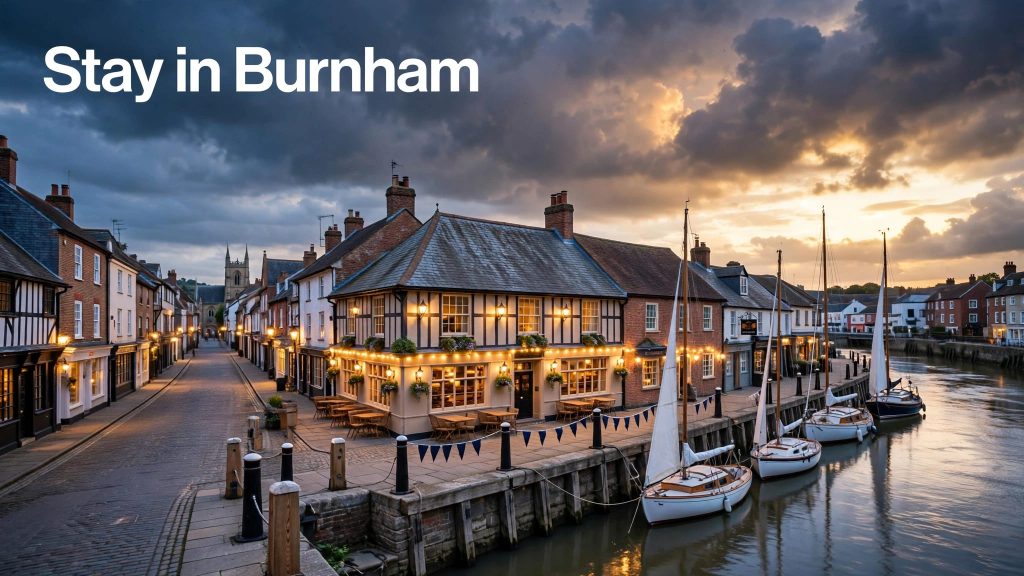 A riverside inn, historic street, quay, and sailboats at sunset.