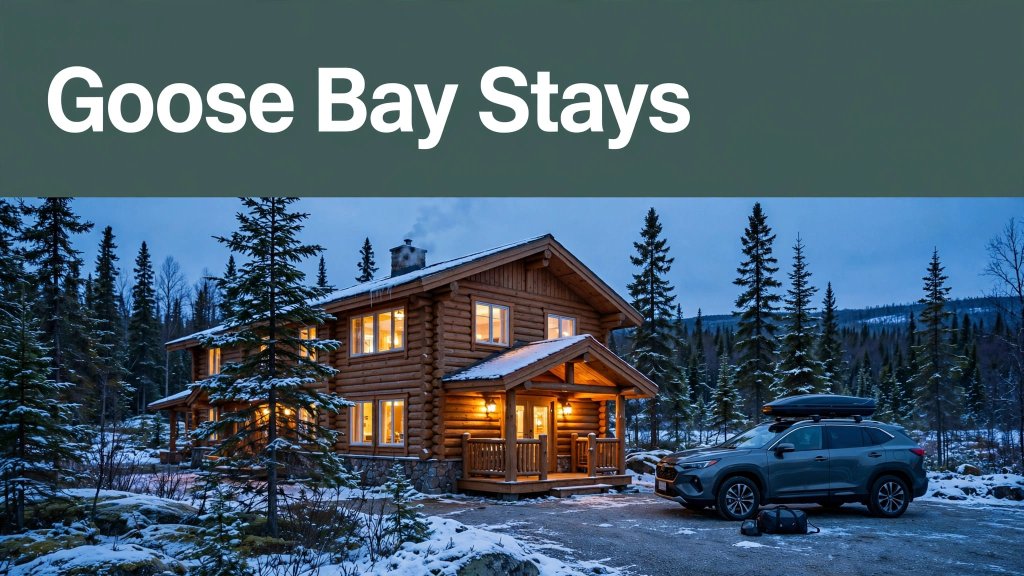 A lit lodge among spruce trees with a parked SUV and travel bag.