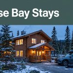 A lit lodge among spruce trees with a parked SUV and travel bag.