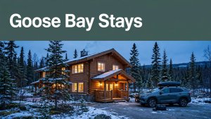 A lit lodge among spruce trees with a parked SUV and travel bag.