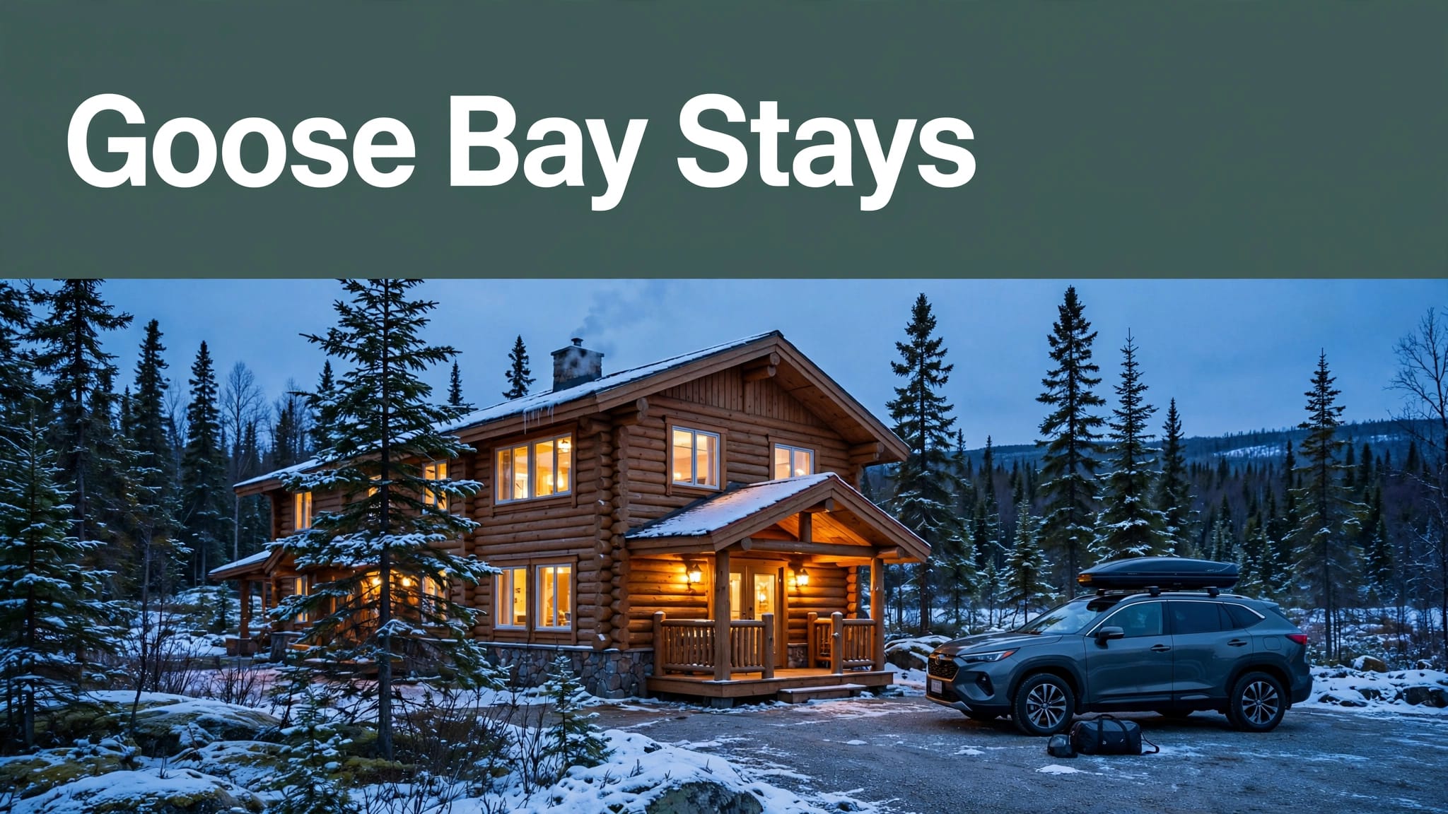 A lit lodge among spruce trees with a parked SUV and travel bag.