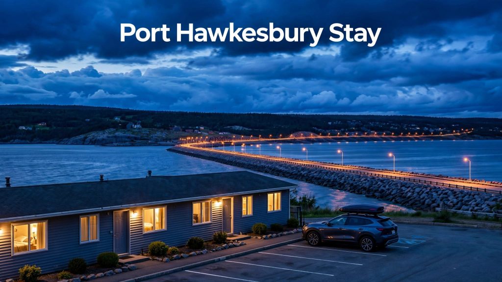 A roadside motel and car overlook the Canso Causeway at blue hour.