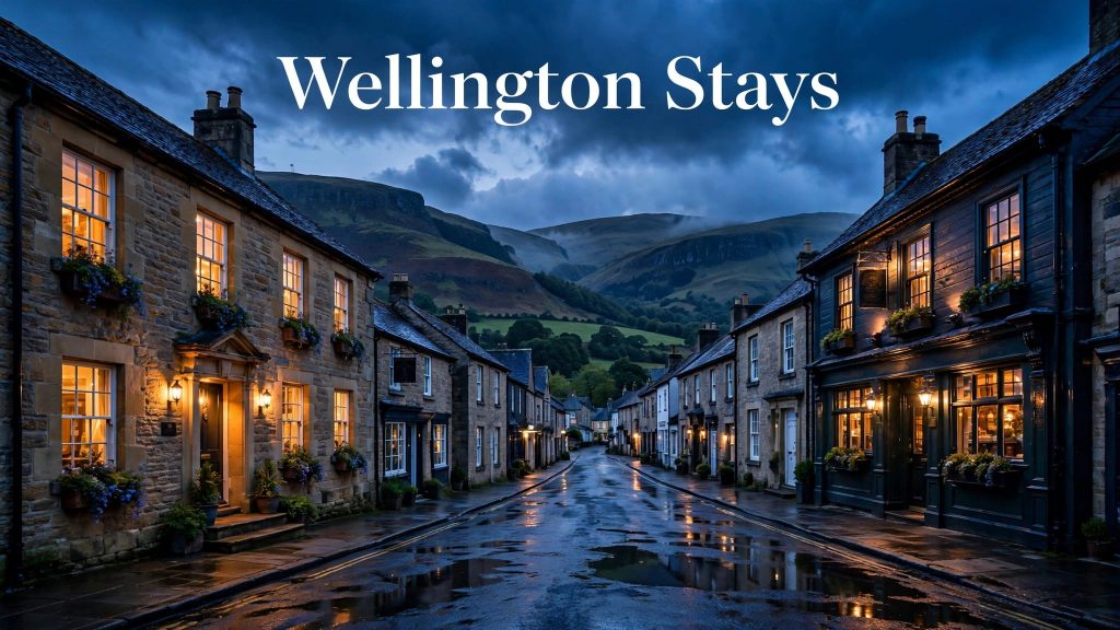A stone guesthouse and pub frontage glow along a Wellington street beneath dark hills.