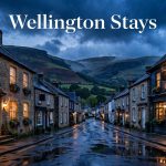 A stone guesthouse and pub frontage glow along a Wellington street beneath dark hills.