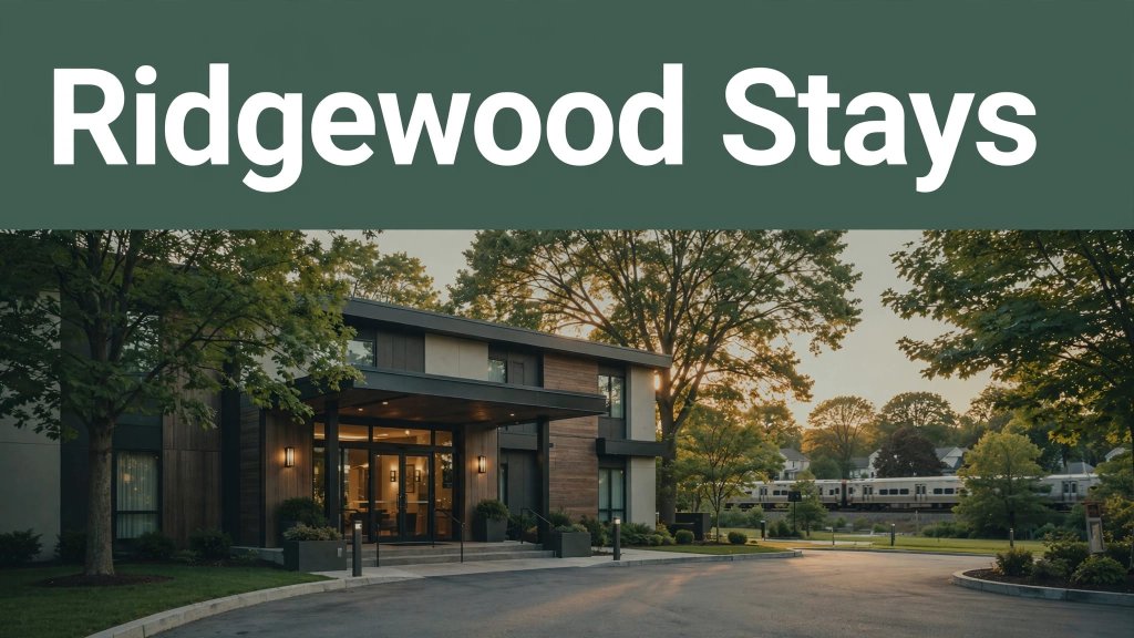 A modern hotel entrance beside trees, a driveway, and a distant commuter train.