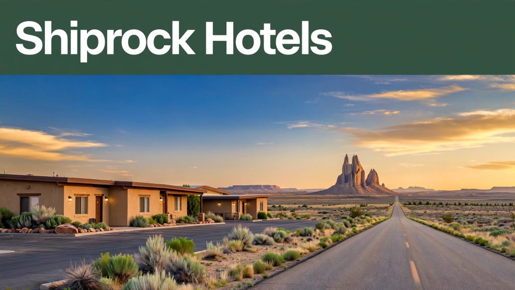 A roadside motel and empty highway lead toward Shiprock at sunset.