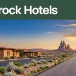 A roadside motel and empty highway lead toward Shiprock at sunset.