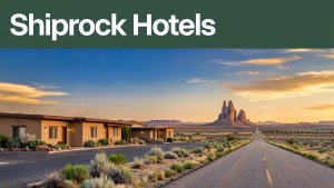 A roadside motel and empty highway lead toward Shiprock at sunset.