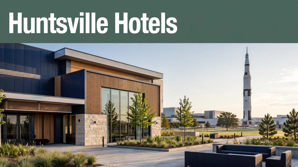 Modern Huntsville hotel with a Saturn V rocket visible in the background.