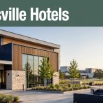 Modern Huntsville hotel with a Saturn V rocket visible in the background.