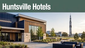 Modern Huntsville hotel with a Saturn V rocket visible in the background.