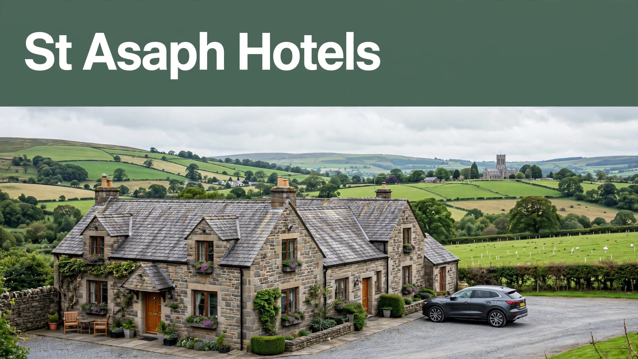 A countryside hotel near St Asaph with a car, green hills, and the cathedral in the distance.