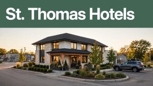 Hotel exterior in St. Thomas with landscaping, a parked car, and a dark-green headline banner.