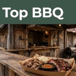 A barbecue takeout tray sits in front of a rustic counter beneath a green headline band.