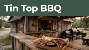 A barbecue takeout tray sits in front of a rustic counter beneath a green headline band.