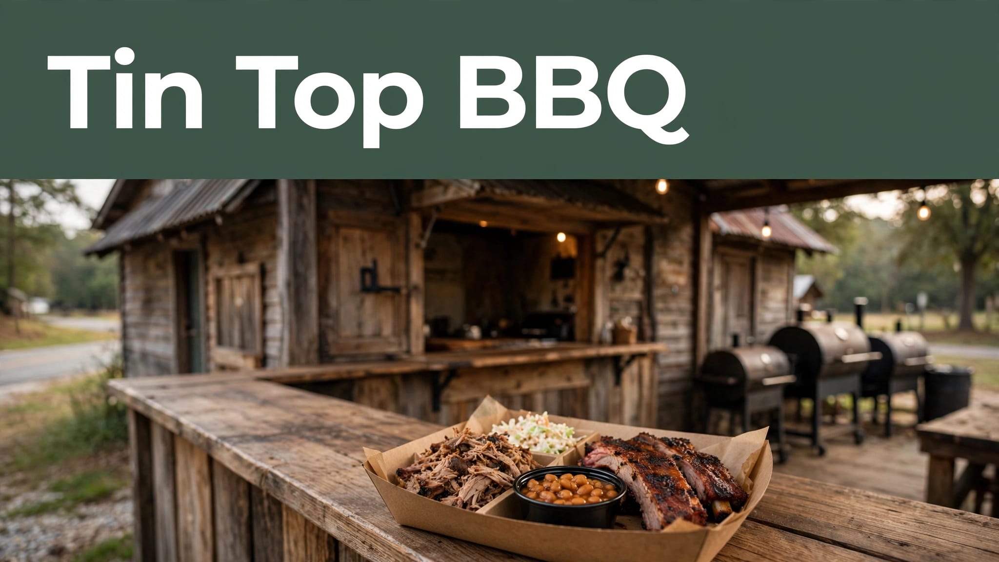 A barbecue takeout tray sits in front of a rustic counter beneath a green headline band.