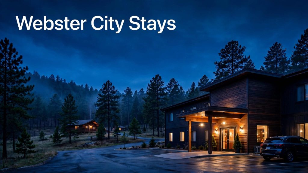 A warmly lit Webster City hotel with a parked car and wooded cabin behind it.