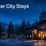 A warmly lit Webster City hotel with a parked car and wooded cabin behind it.