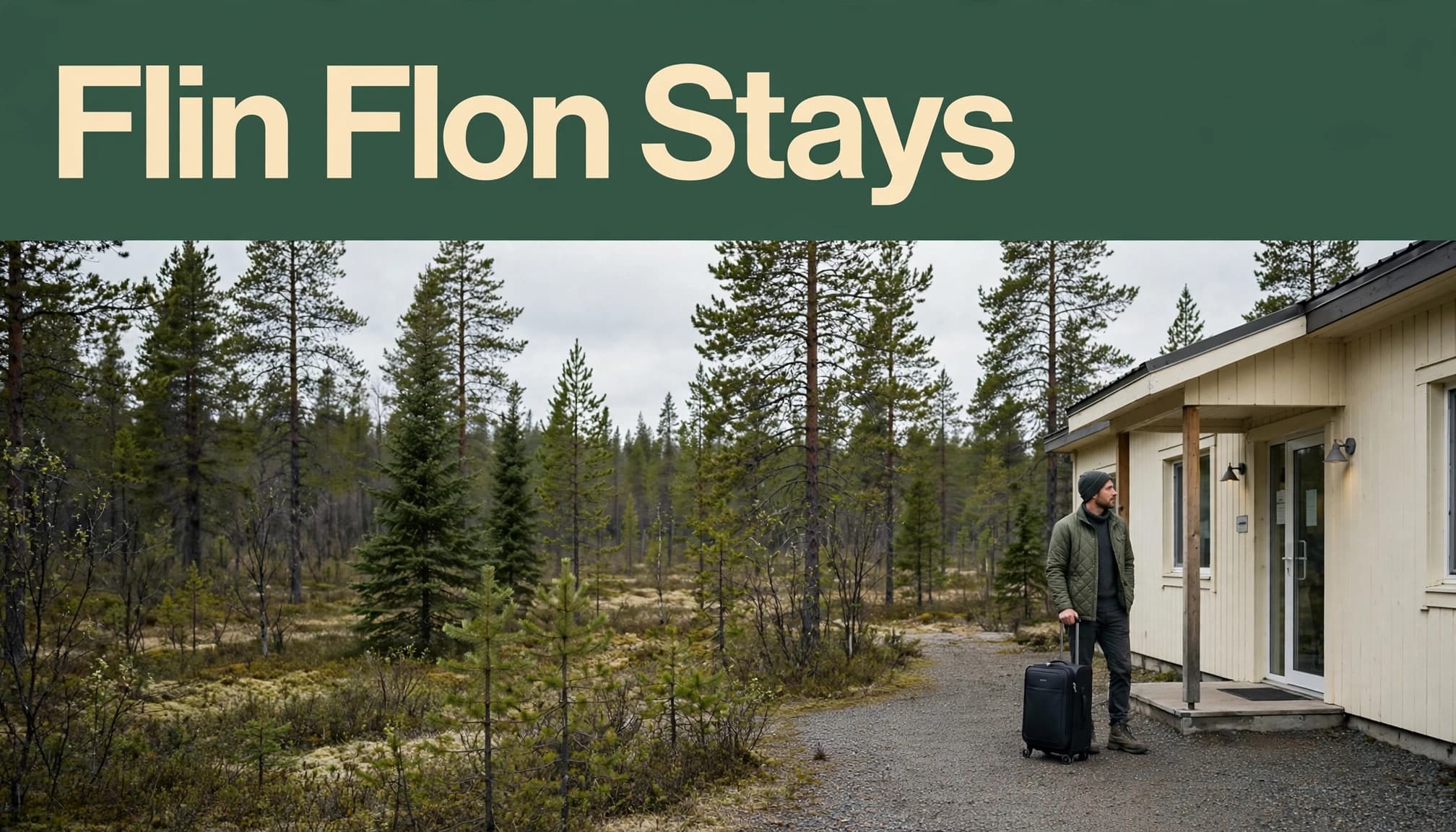 A traveler with a suitcase arrives at a small hotel surrounded by pine trees.