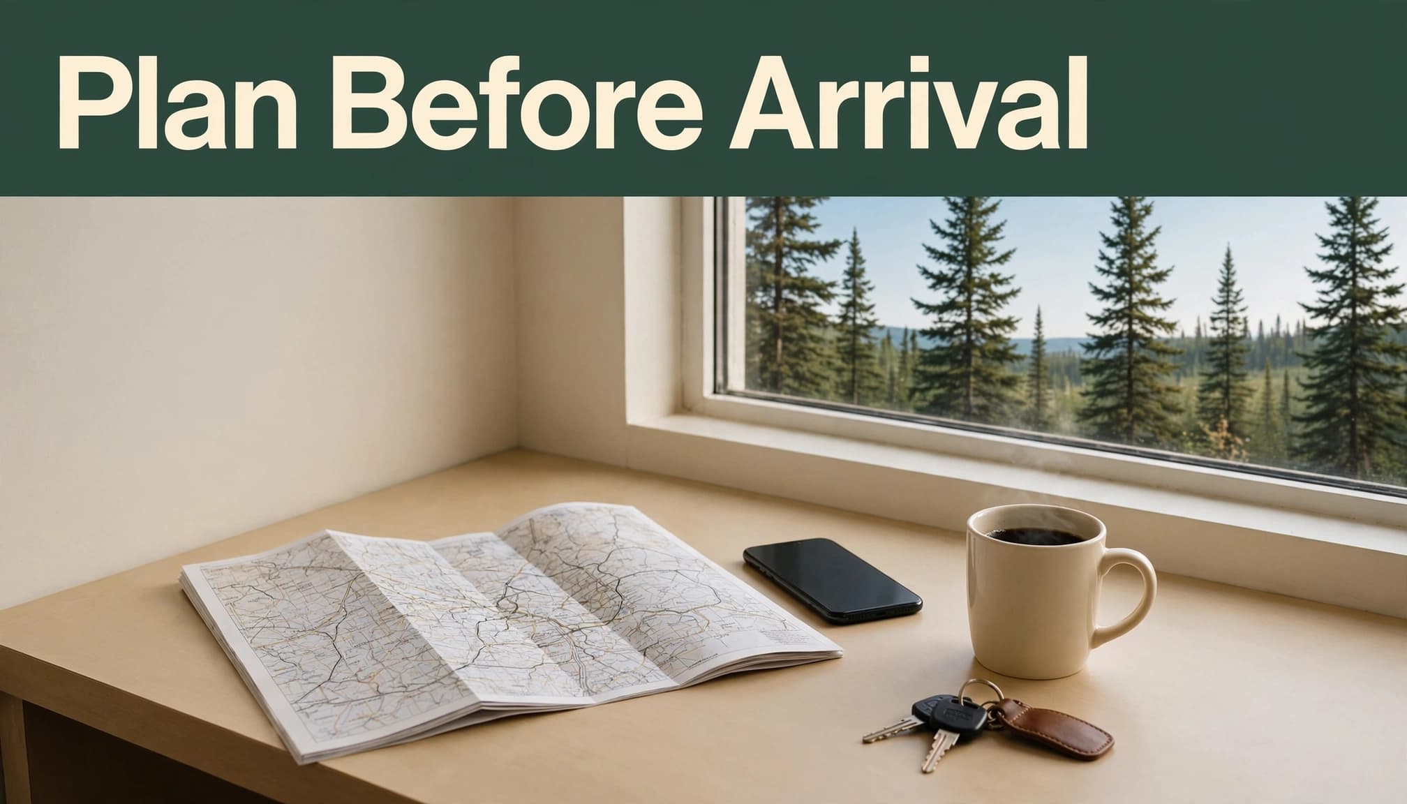 Map, car keys, phone, and coffee mug on a motel desk overlooking boreal trees.