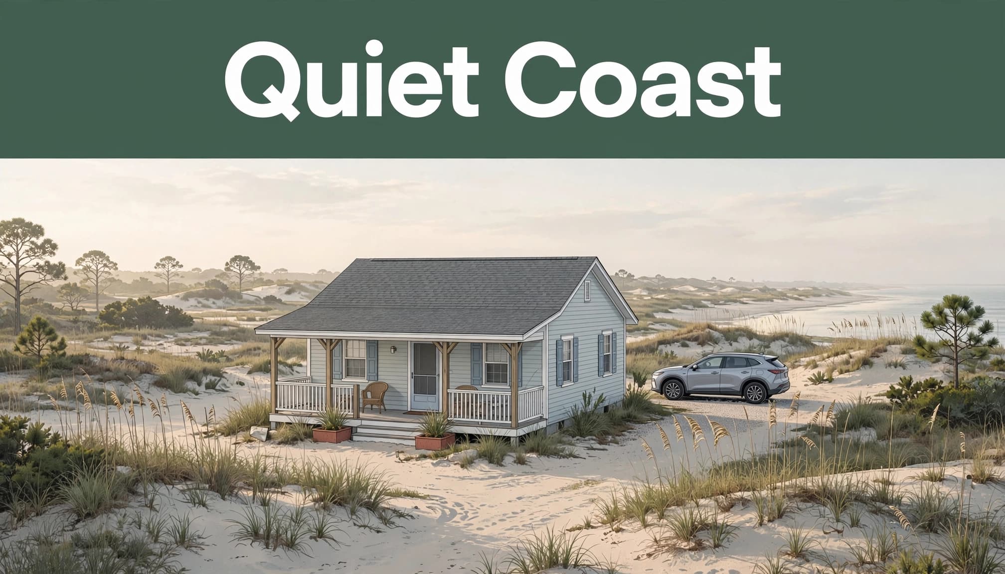 A Fort Morgan beach house with a porch, parked car, and nearby dunes.