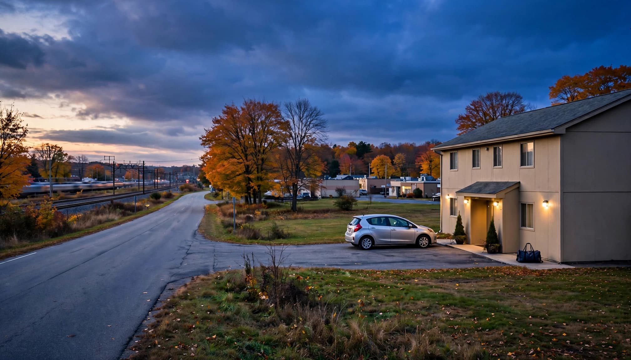 A rental car and overnight bag outside a roadside hotel near autumn trees.