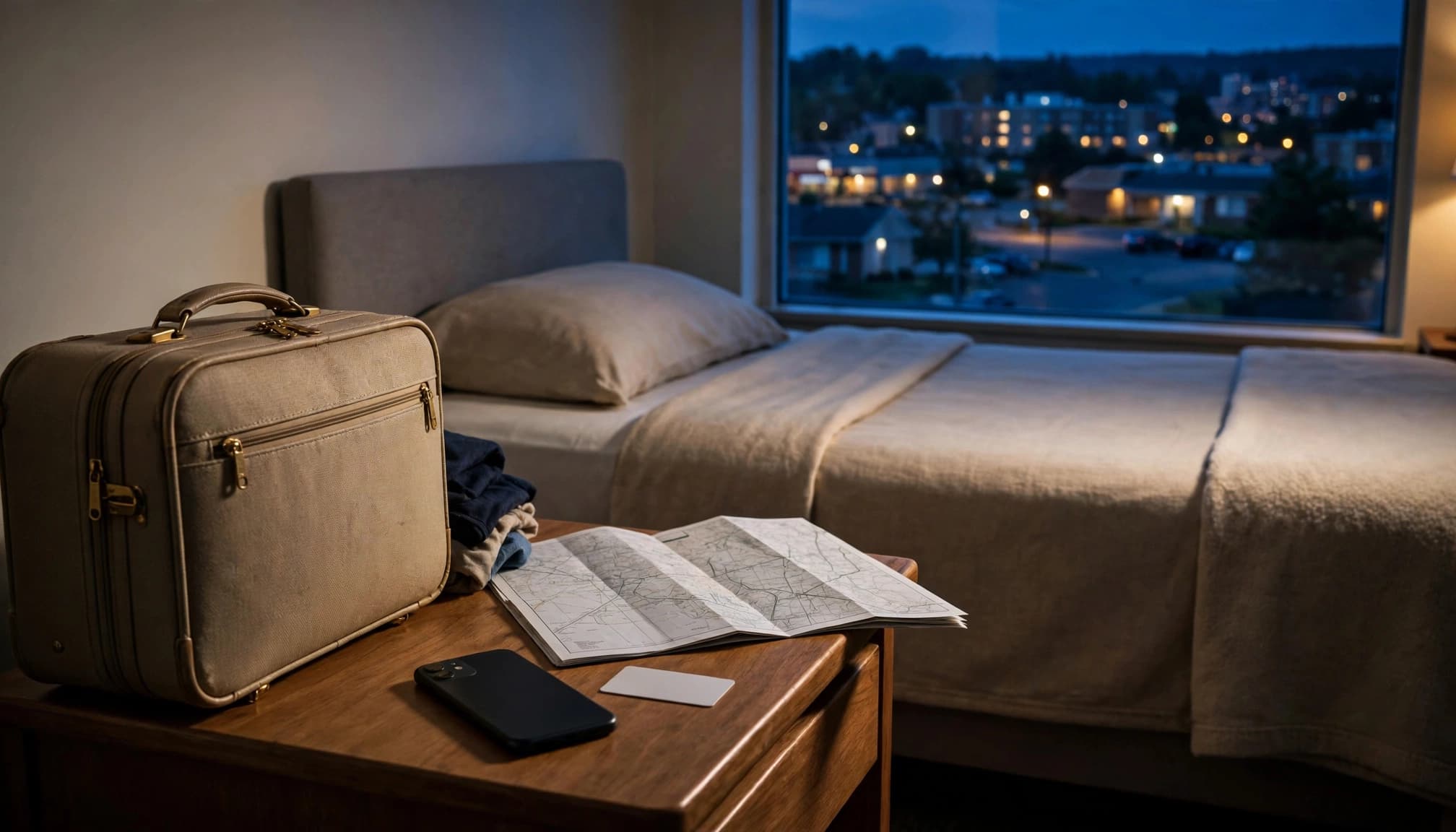 A map, phone, key card, and suitcase sit in a tidy hotel room.