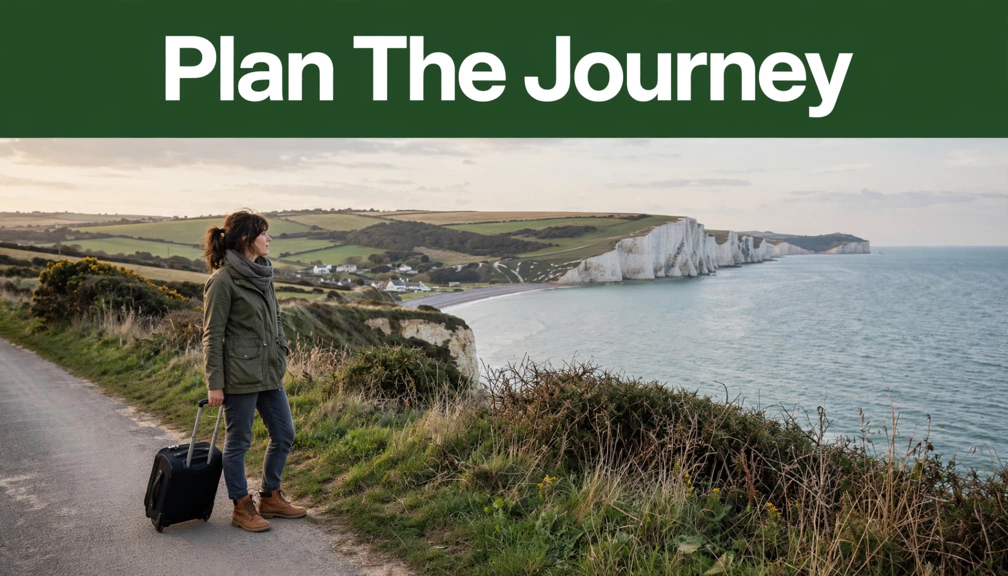 A traveller with a suitcase looks toward chalk cliffs and the sea beside a coastal road.