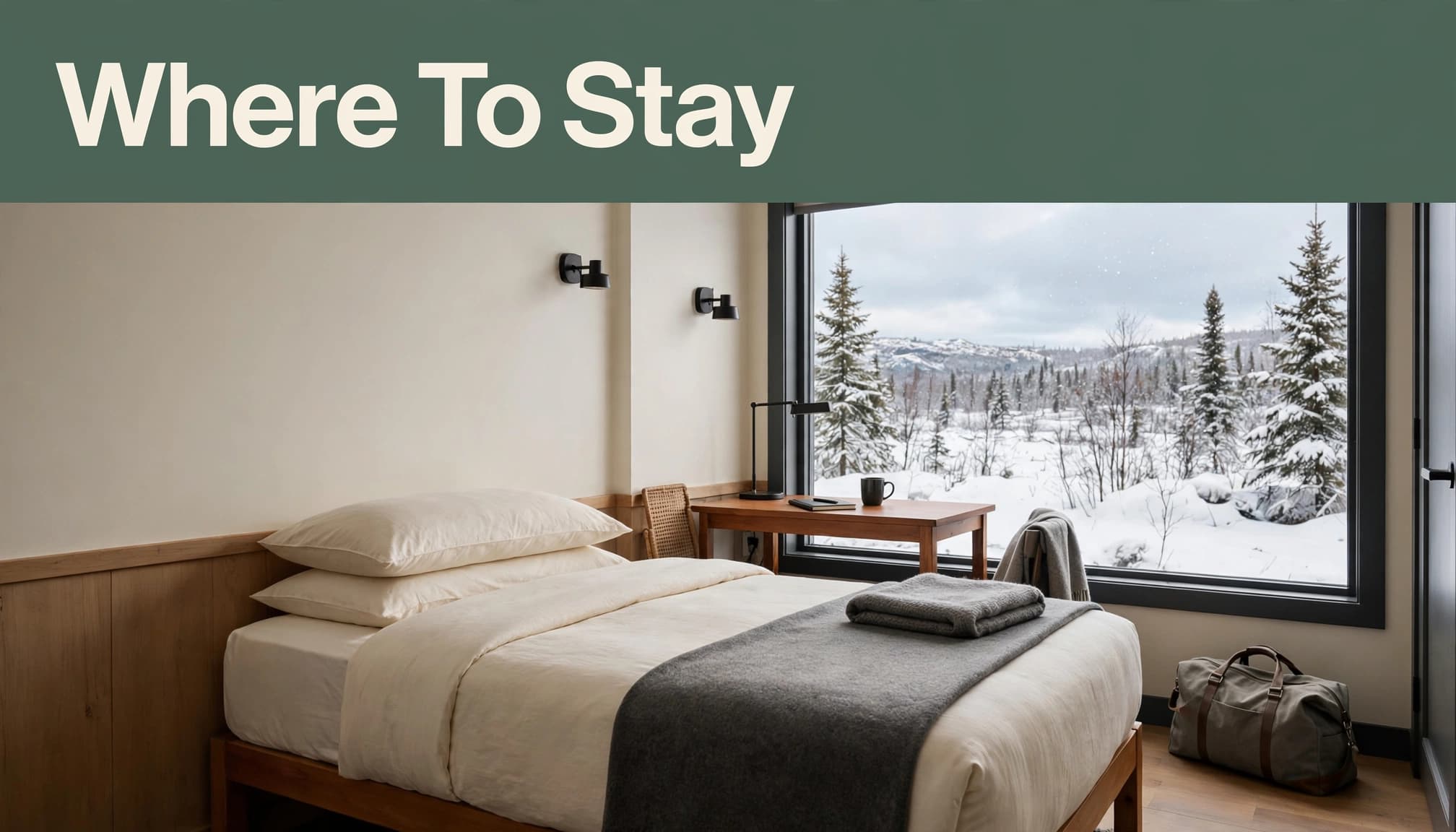 A neat hotel room with a bed, desk, travel bag, and snowy view.