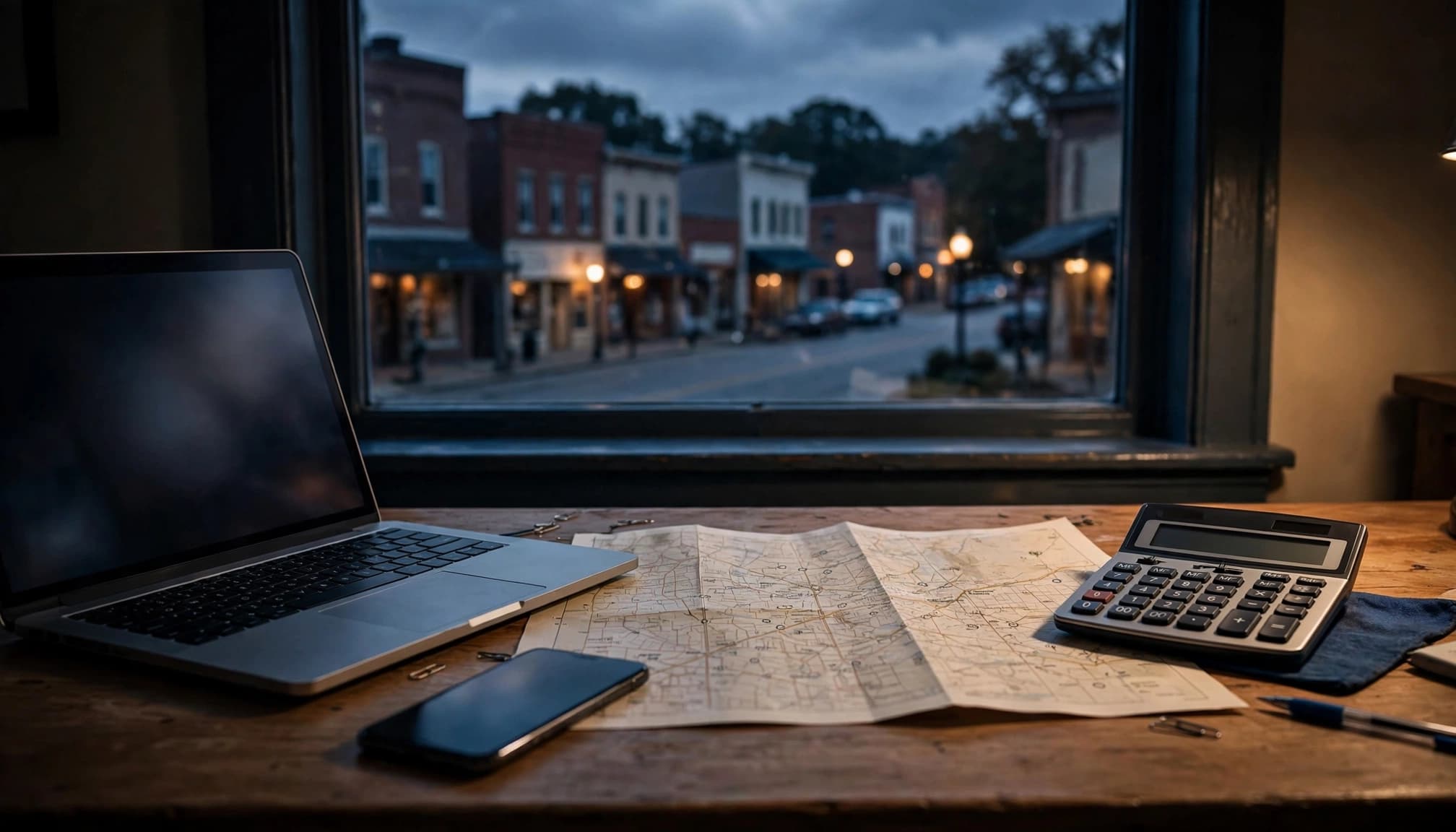 Laptop, phone, map, and calculator on a desk overlooking an Indiana street at dusk.