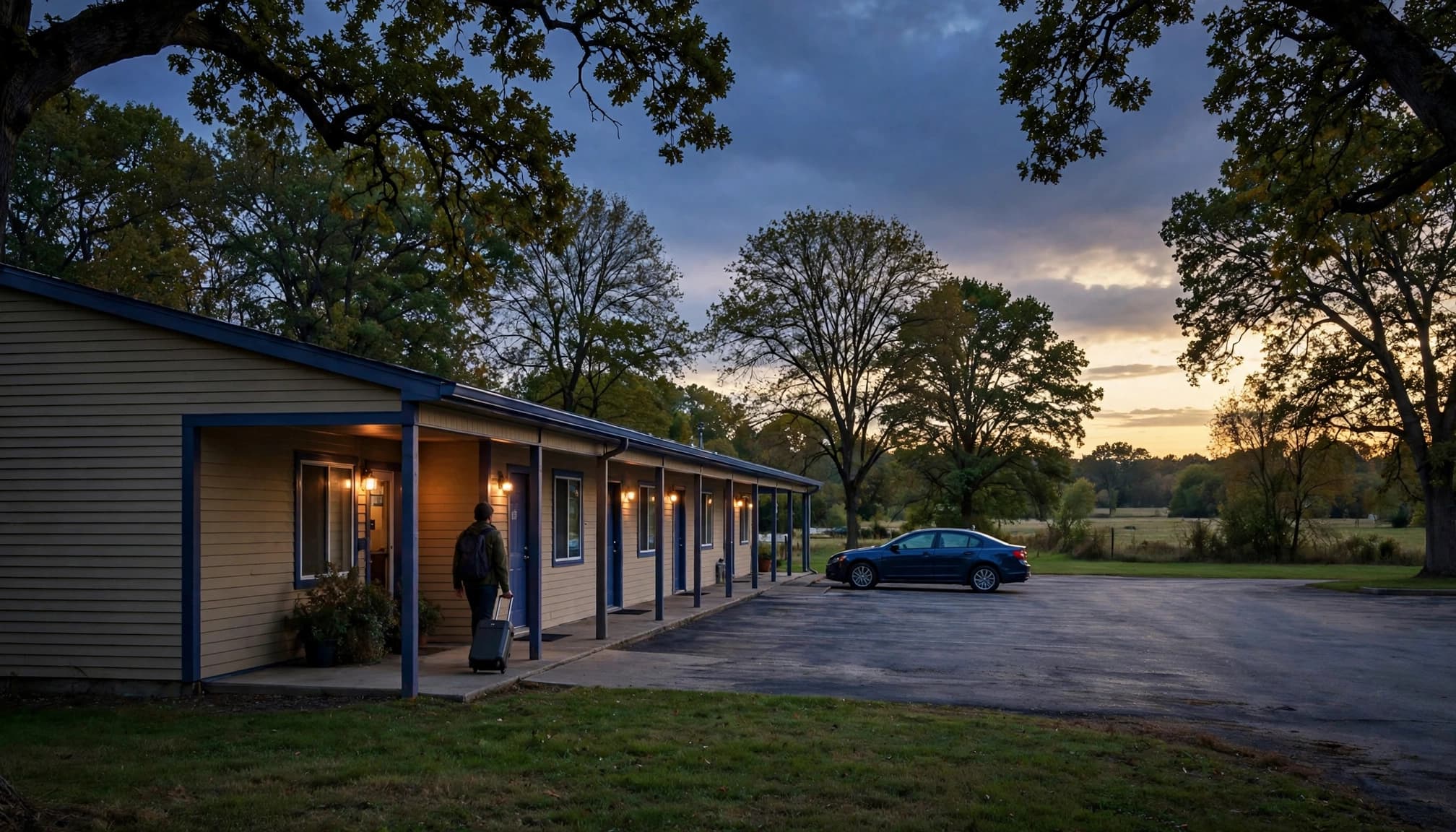 A traveler with a suitcase stands outside a modest hotel beside one parked car.