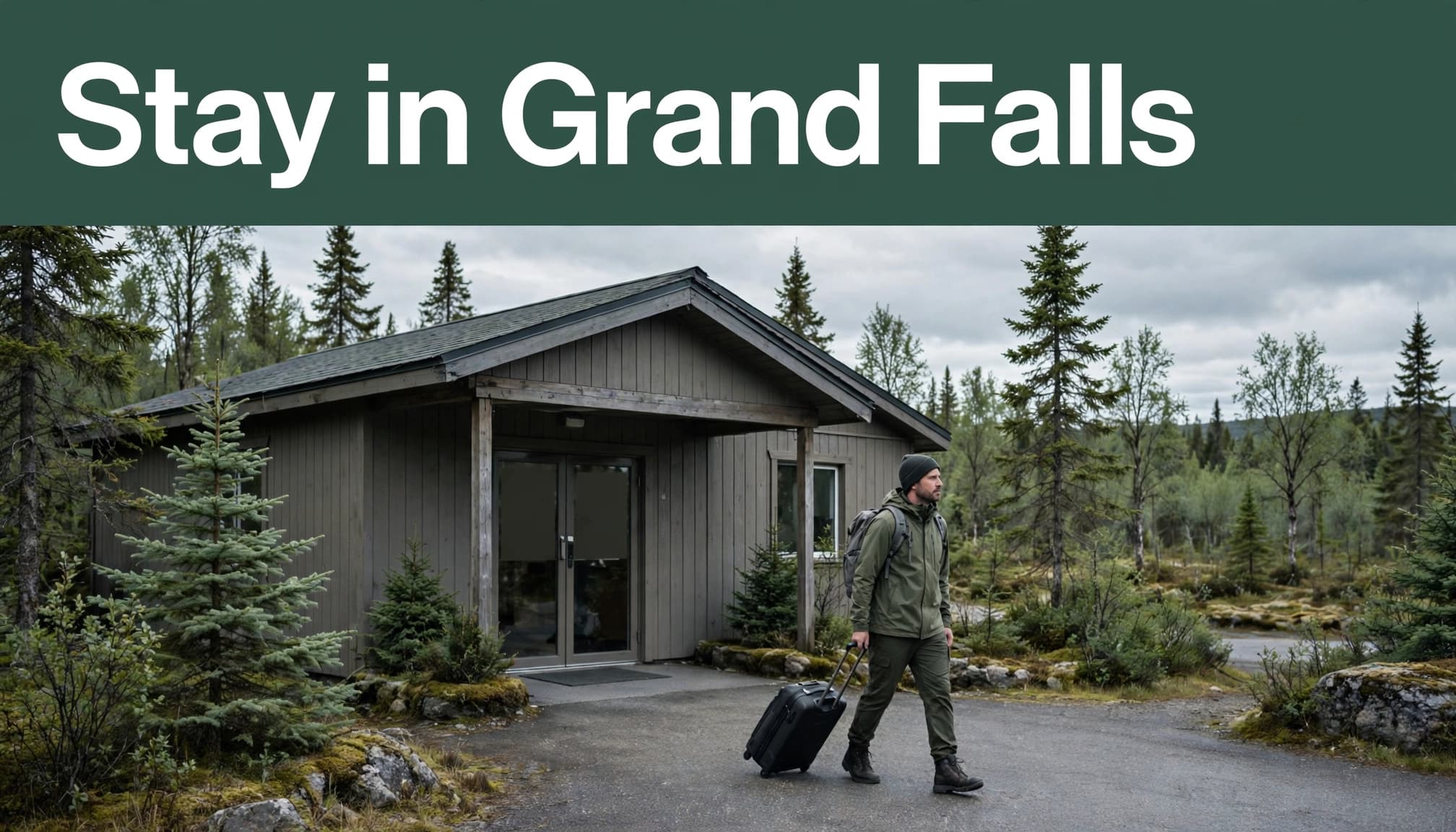 A traveler with one suitcase approaches a modest roadside hotel entrance.