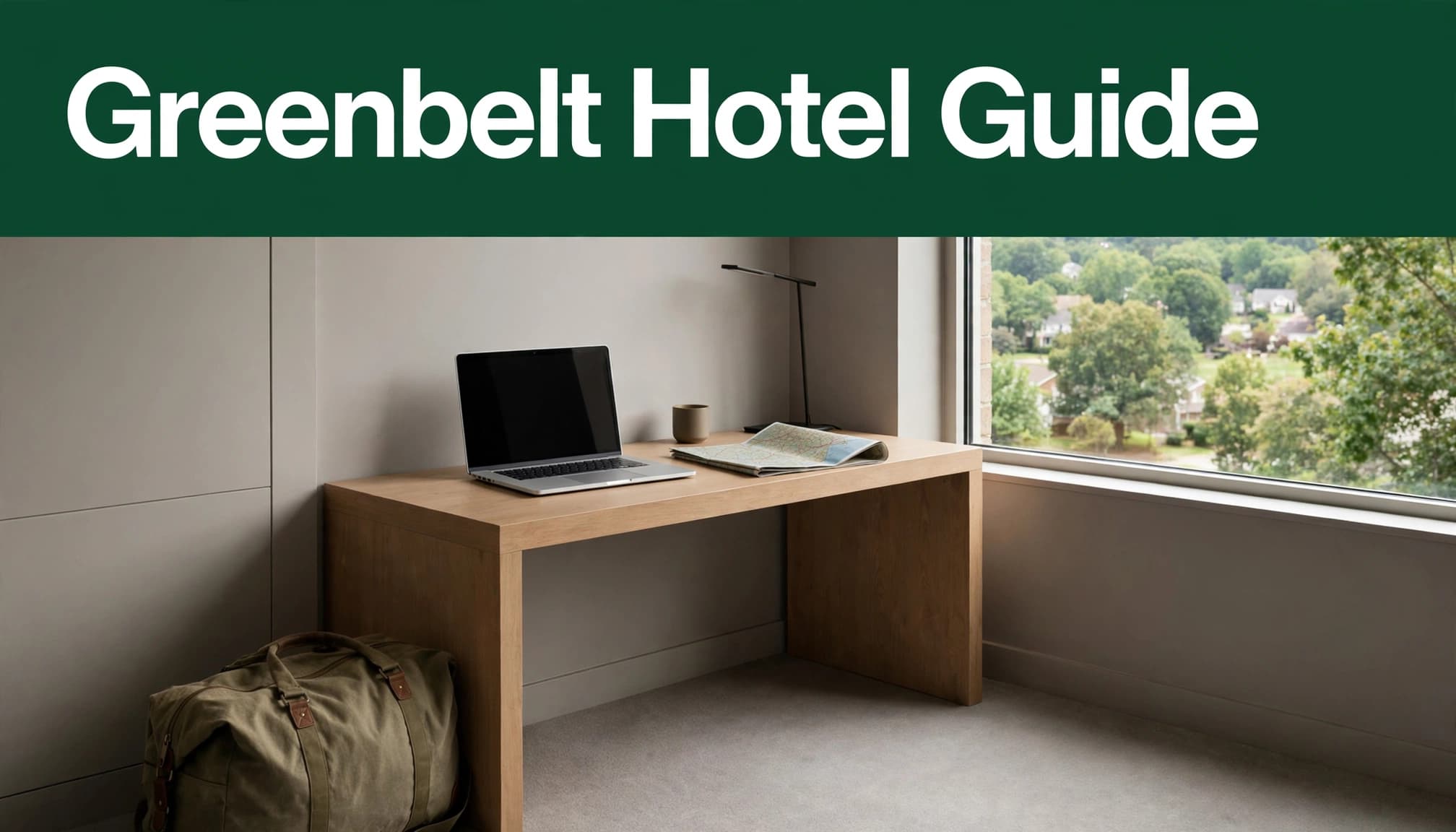 A hotel room with a travel bag, map, laptop, and greenery outside the window.