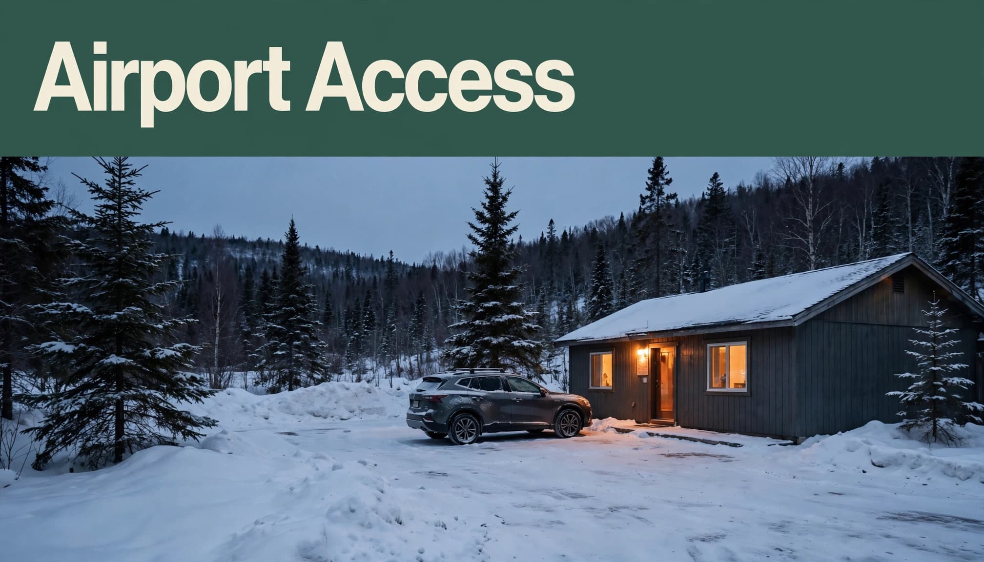A rental car sits outside a warmly lit motel beside snowy banks and evergreen trees.