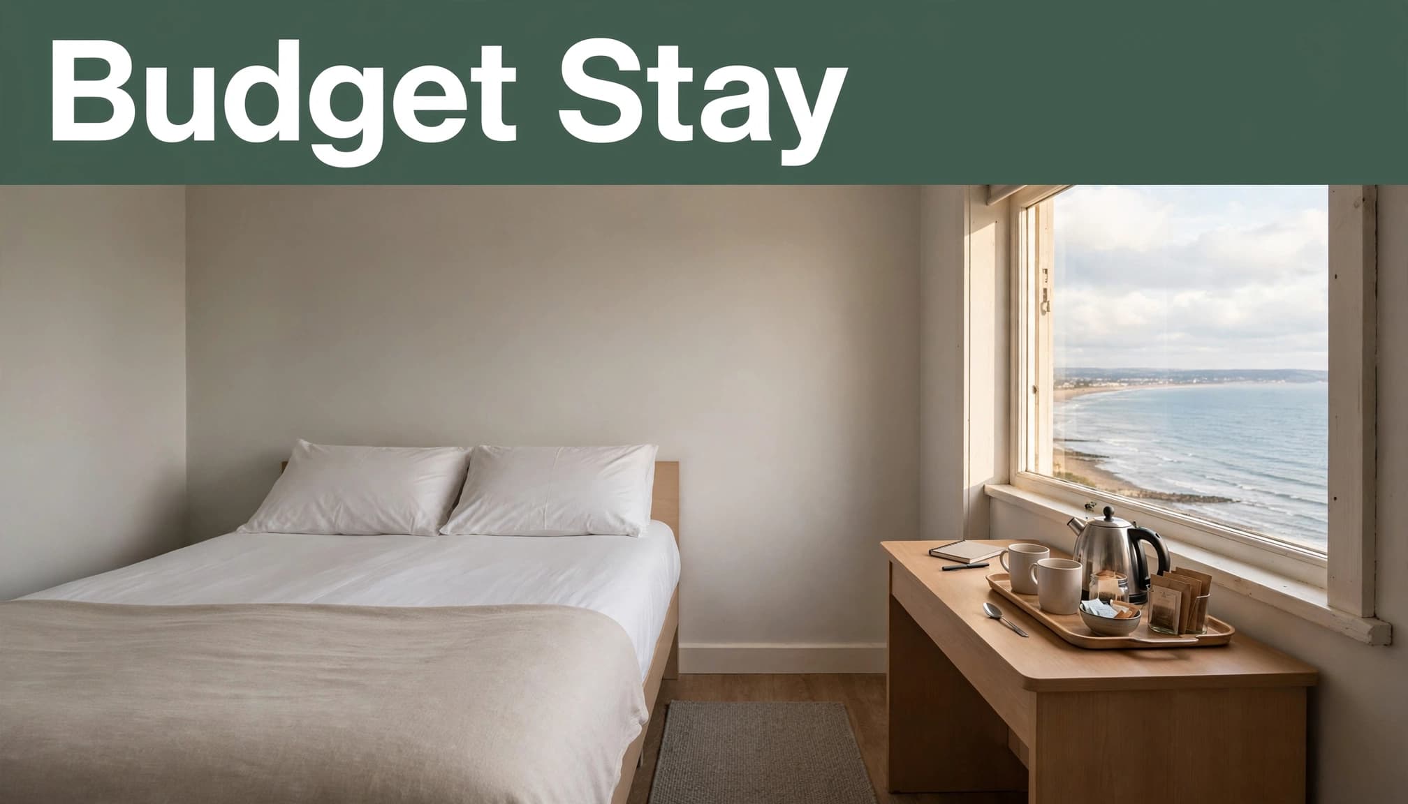 A clean budget hotel room with a double bed, desk, tea tray, and sea view.