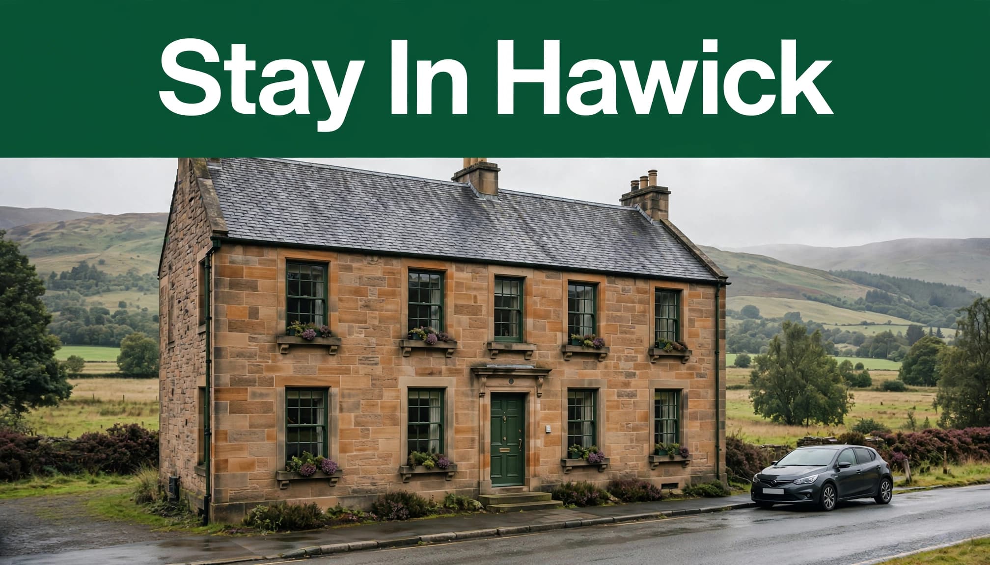 Historic stone hotel on a Hawick street with one parked car and hills behind.