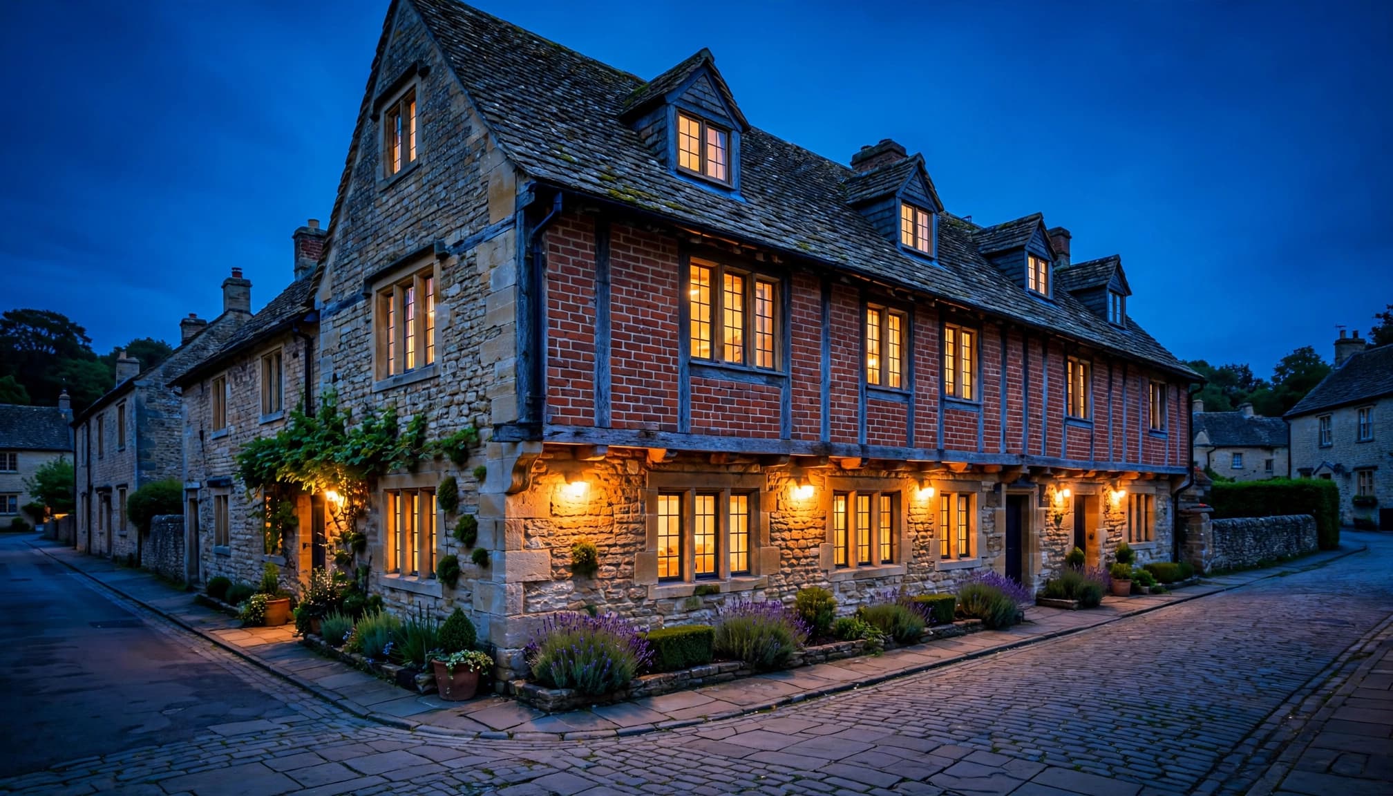 A warmly lit historic inn on a quiet Somerset street at dusk.