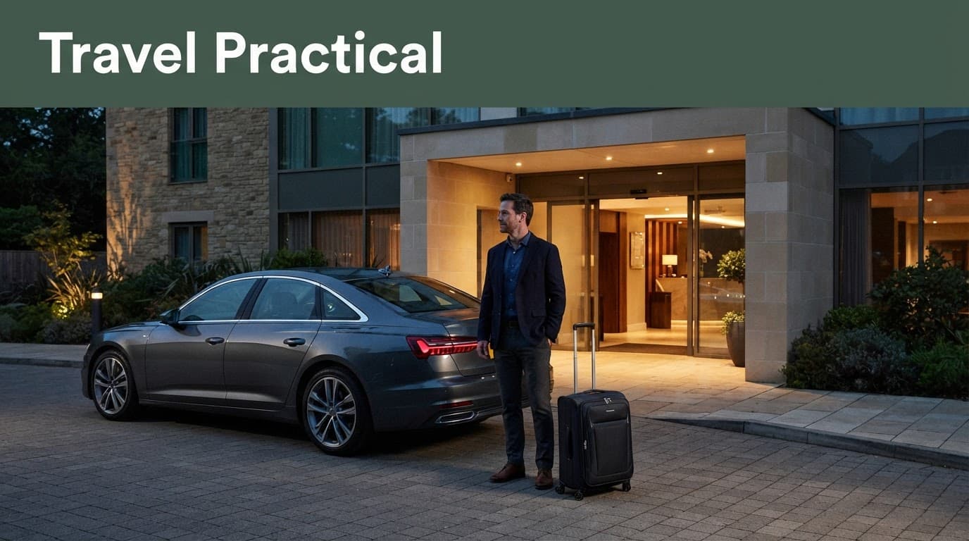 A traveller with a suitcase stands by a parked car outside a hotel.