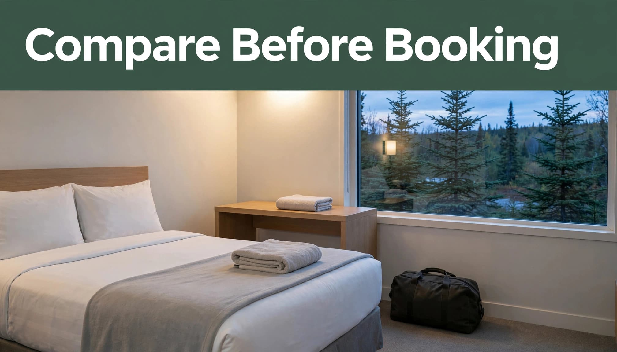 Hotel room with a bed, desk, towel, travel bag, and spruce trees outside.