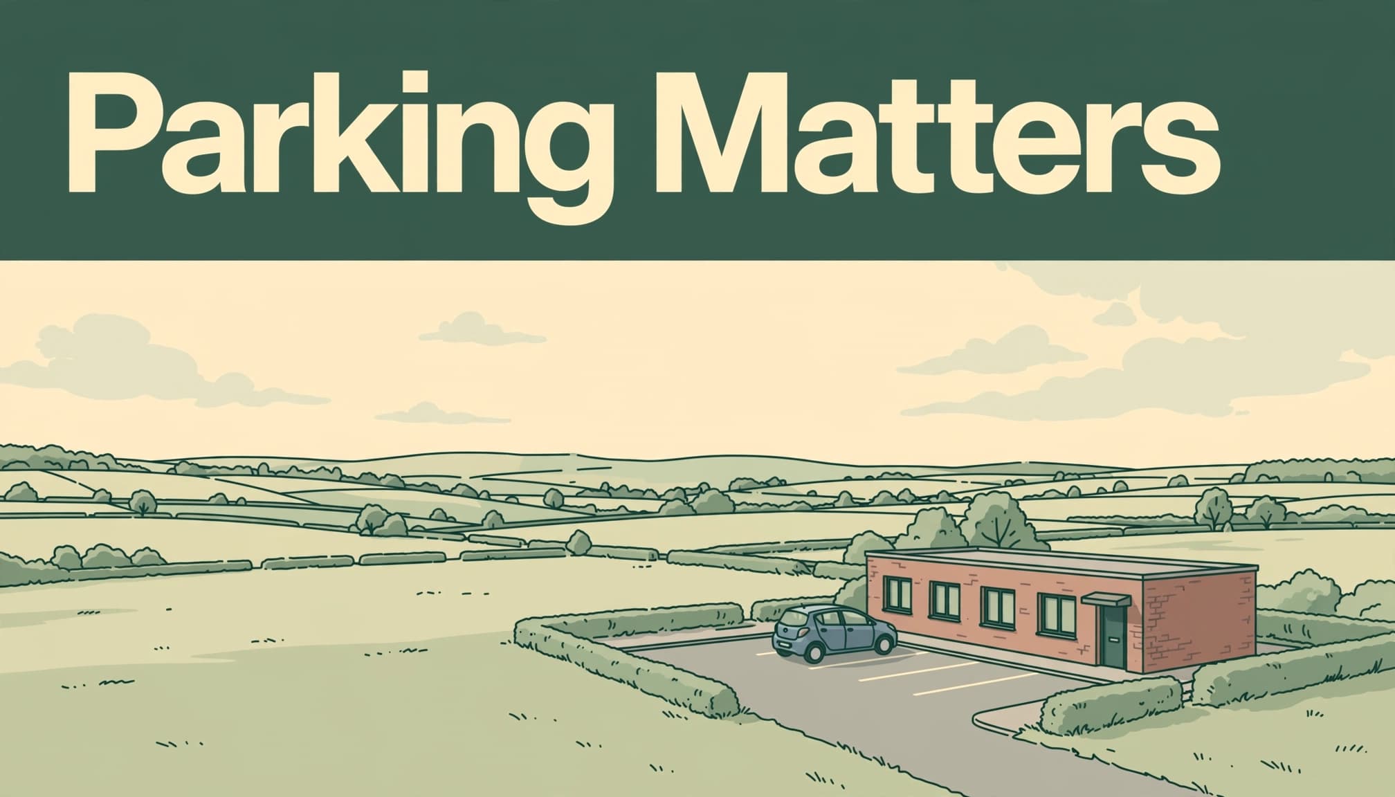 A rental car parked beside a low roadside hotel in the Cambridgeshire countryside.