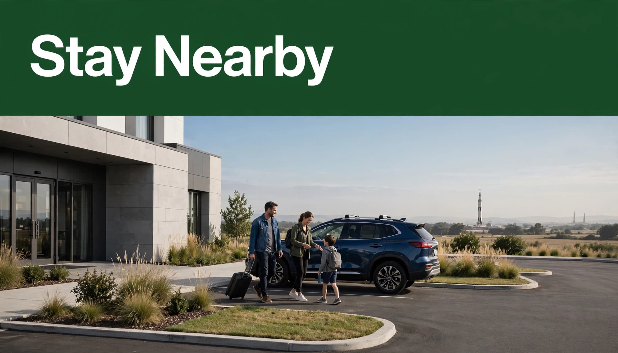 A family arrives at a hotel beside a parked SUV, with a distant rocket silhouette behind them.