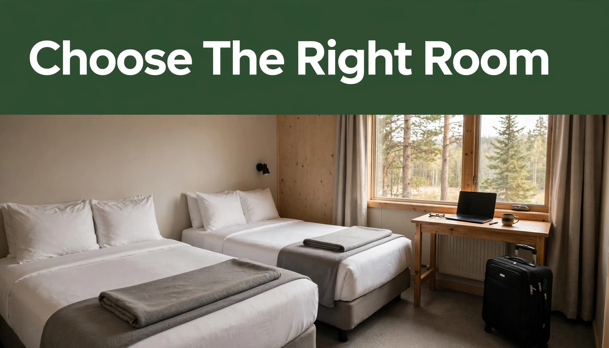 A clean hotel room with two beds, a desk, suitcase, and pine trees outside.