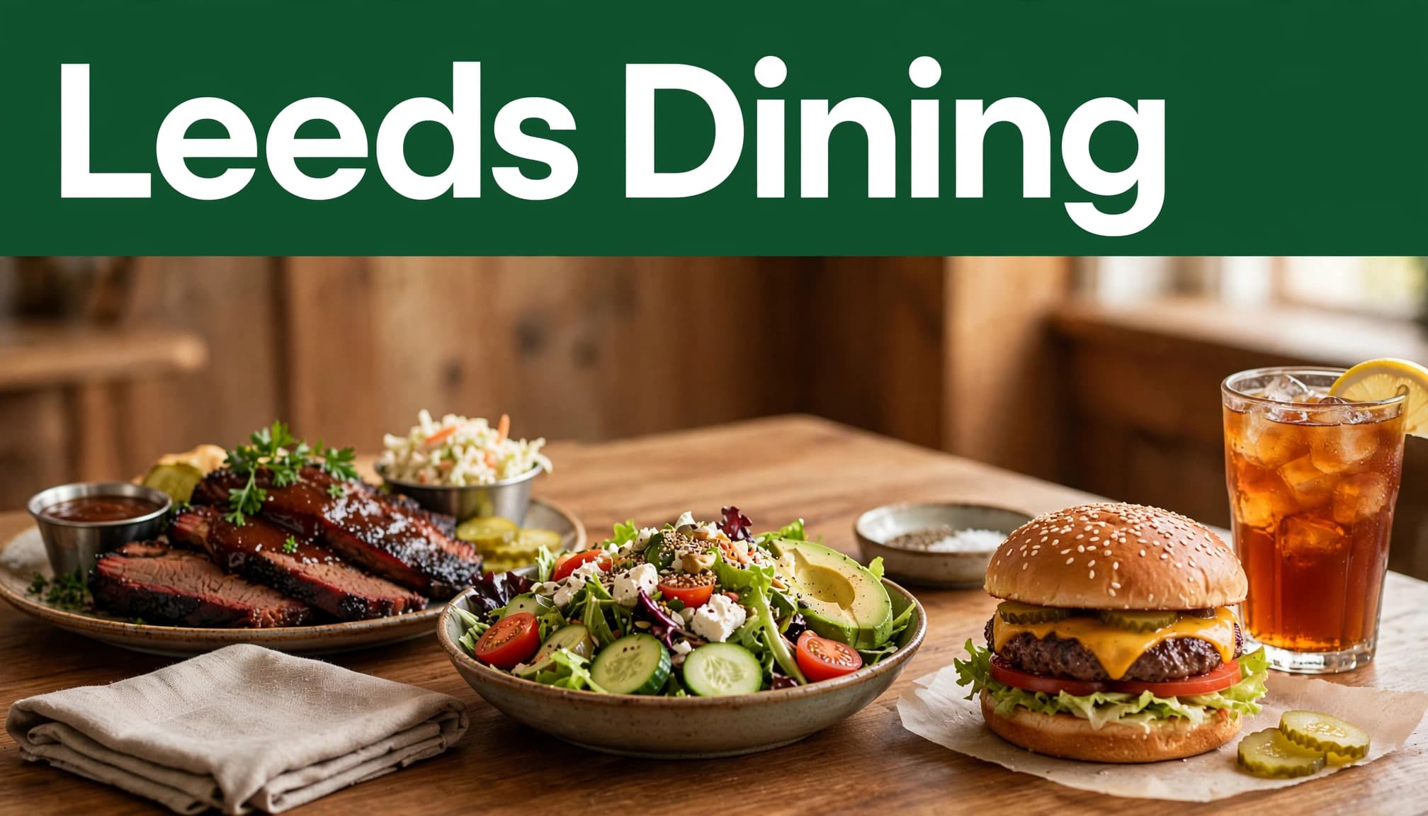 Barbecue, salad, a burger, and iced tea on a wooden dining table.