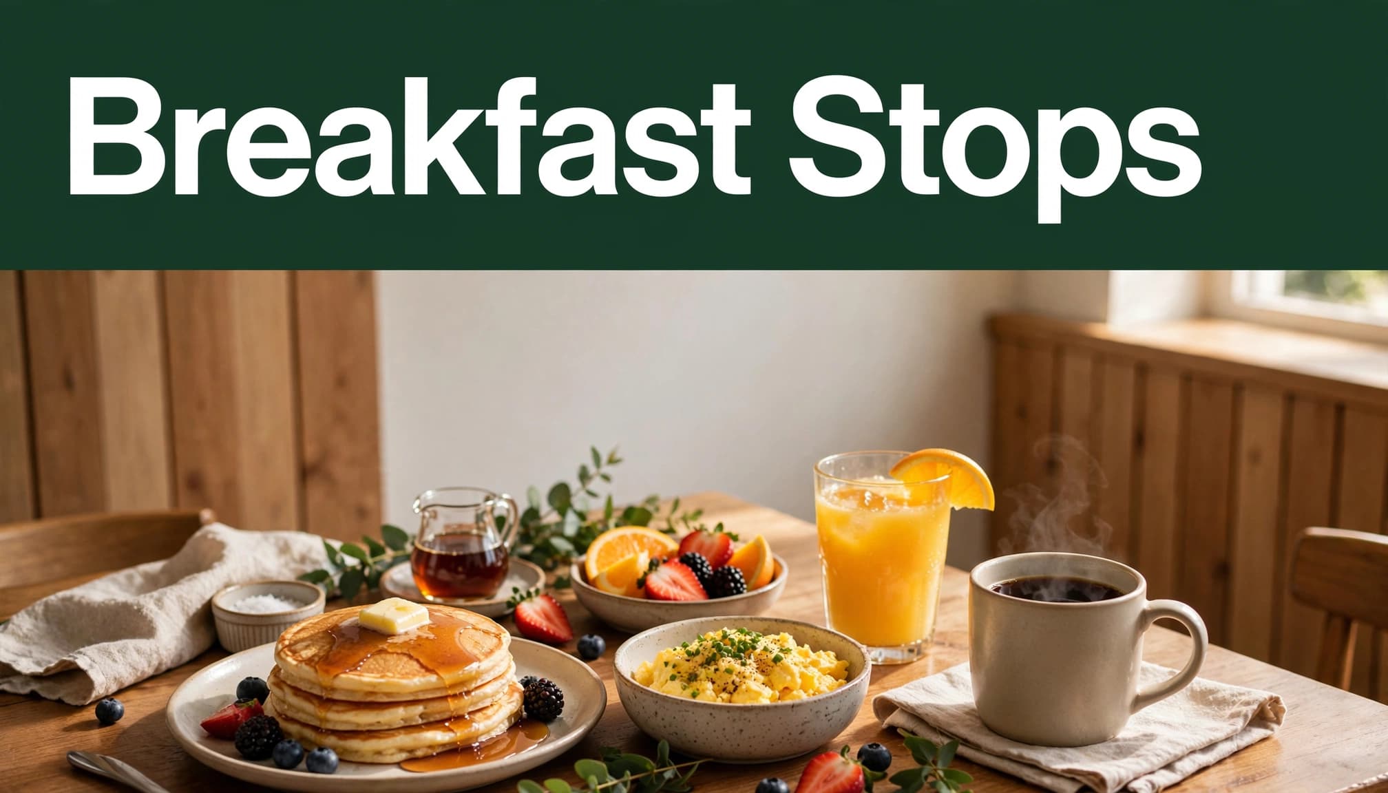 Pancakes, eggs, fruit, coffee, and orange juice on a sunny cafe table.