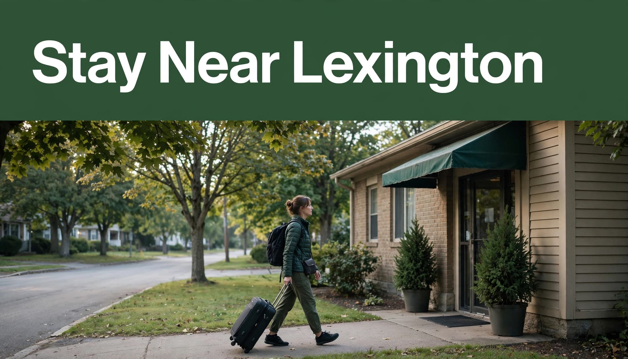 One traveler with a carry-on suitcase outside a modest hotel near Lexington.