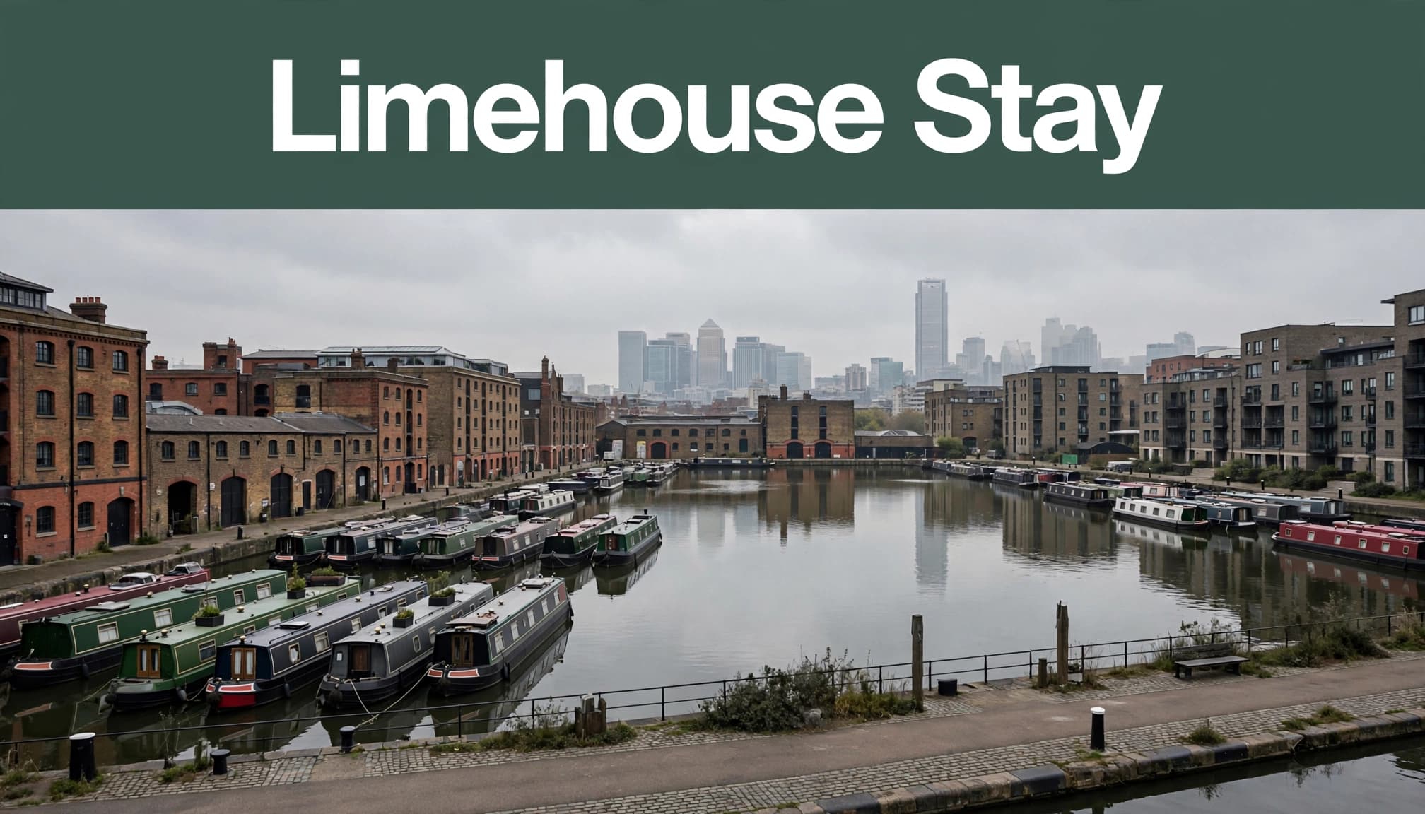 Canal boats beside brick warehouses at Limehouse Basin with the London skyline beyond.